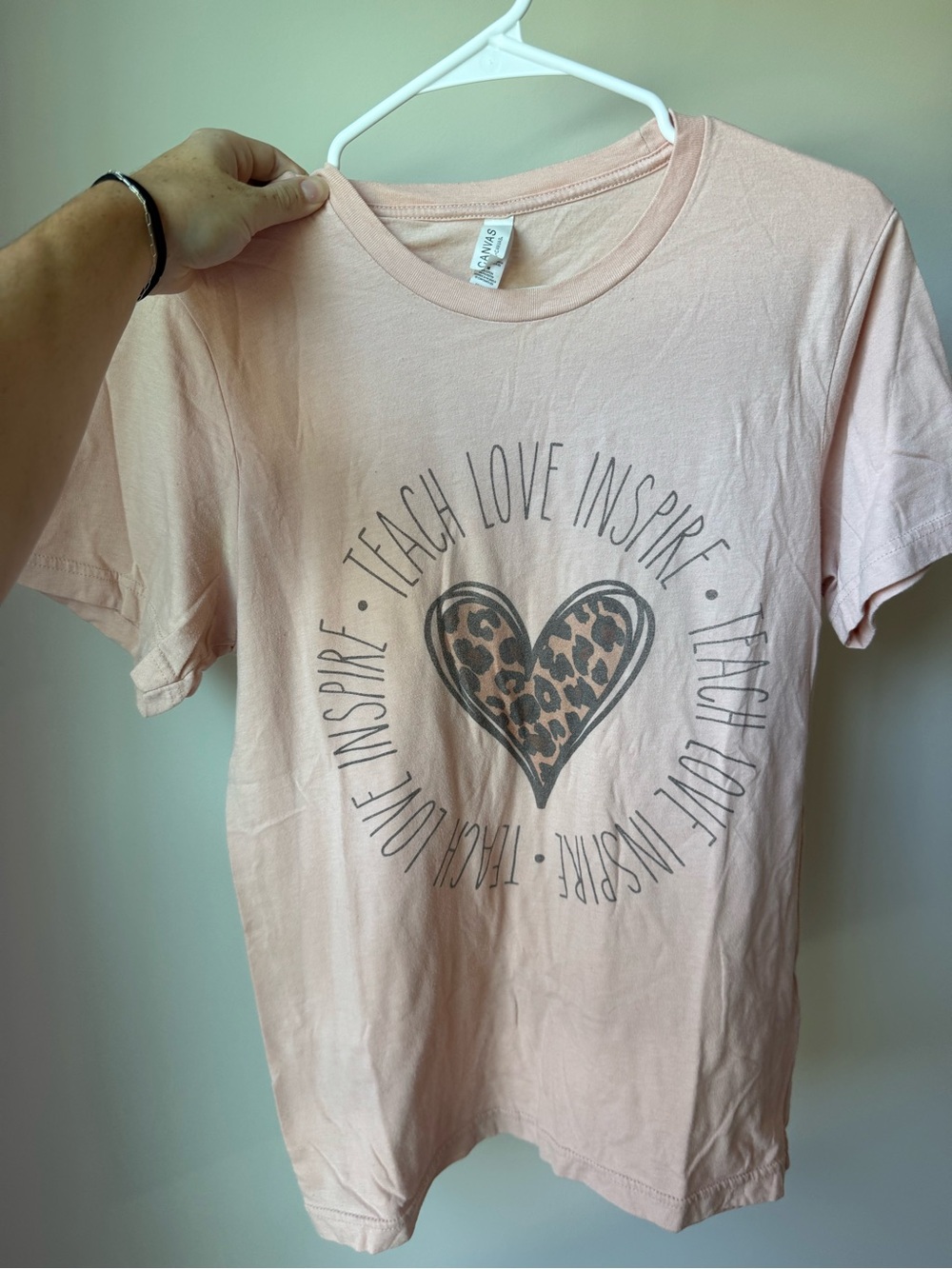 Bella Canvas Soft Pink 'Teach Love Inspire' Leopard Heart Tee